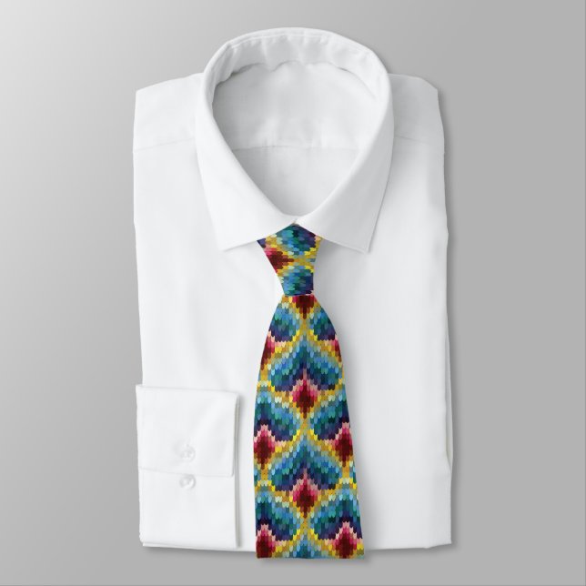 Colorful Bargello Embroidery Boho Chic Pattern Neck Tie (Tied)