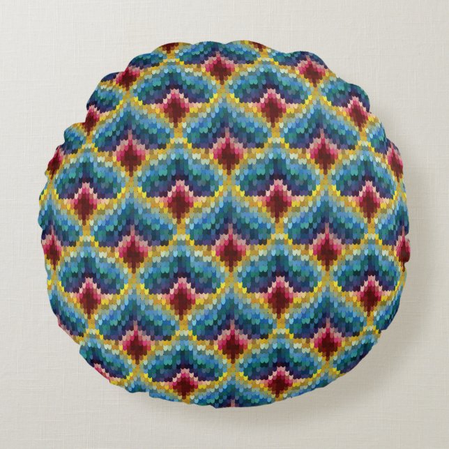 Colorful Bargello Embroidery Boho Chic Pattern Round Pillow (Front)