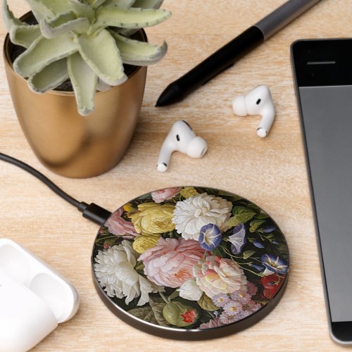 Colorful Baroque Fine Art Flowers Painting Wireless Charger