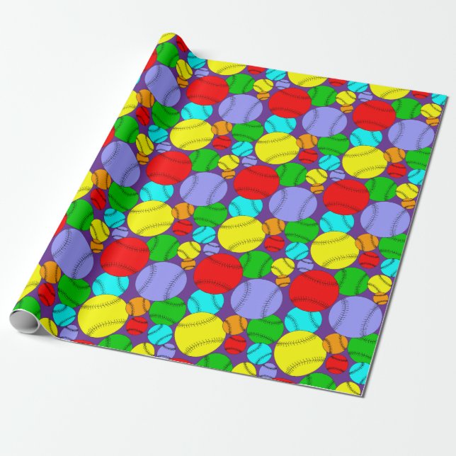 Colorful Baseballs Pattern Wrapping Paper (Unrolled)