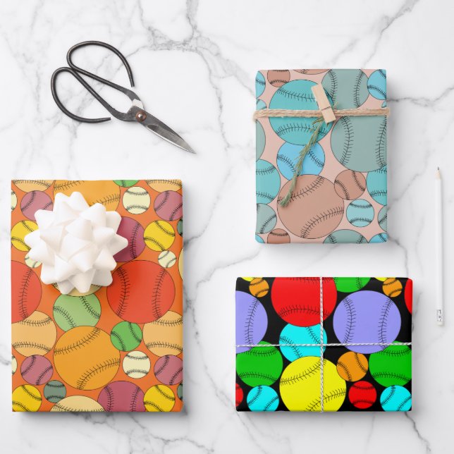 Colorful Baseballs Wrapping Paper Sheets (Front)