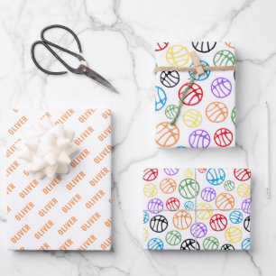 Colorful Basketball Ball Pattern Sport Name Wrapping Paper Sheets