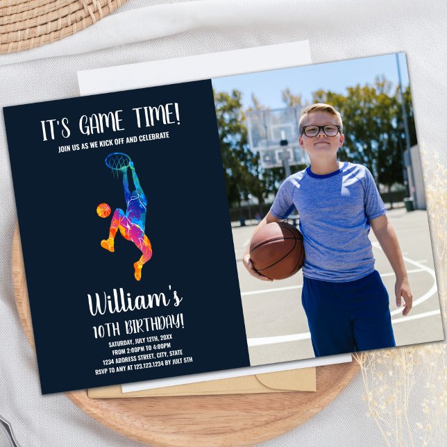 Colorful Basketball Birthday Invitation with Photo (Basket Colors Basketball Birthday Invitations phot)