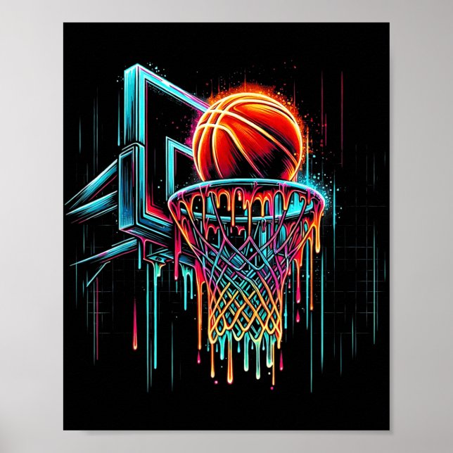 Colorful Basketball Dripping Color Splash Hoop Net Poster (Front)
