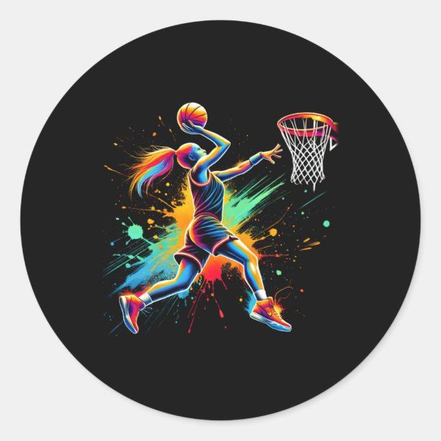 Colorful Basketball Player Girls  Classic Round Sticker (Front)