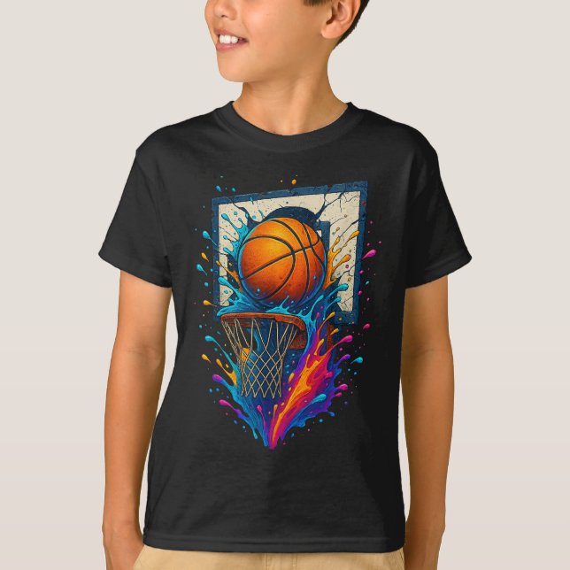 Colorful Basketball Slam Dunk Splash Hoop Backboar T-Shirt (Front)