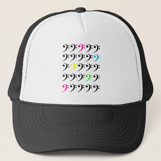 Colorful Bass Clef Grid Pattern Vibrant Accents Trucker Hat (Front)
