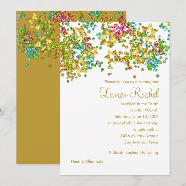 Colorful Bat Mitzvah Gold Star Glittery Confetti Invitation (Front/Back)