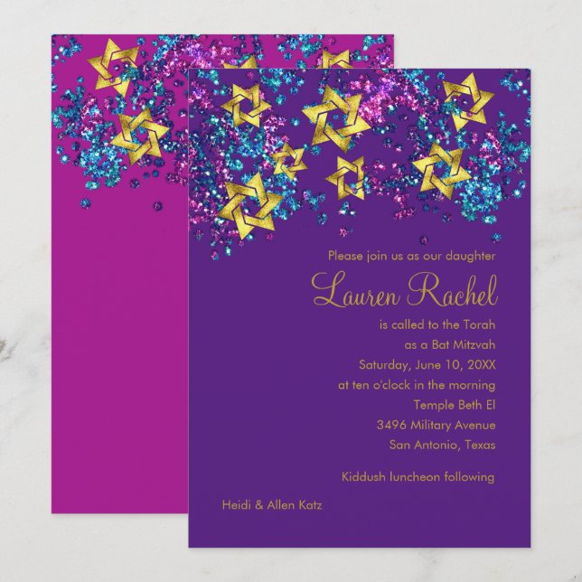 Colorful Bat Mitzvah Gold Star Glittery Confetti Invitation (Front/Back)