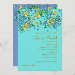 Colorful Bat Mitzvah Gold Star Glittery Confetti Invitation