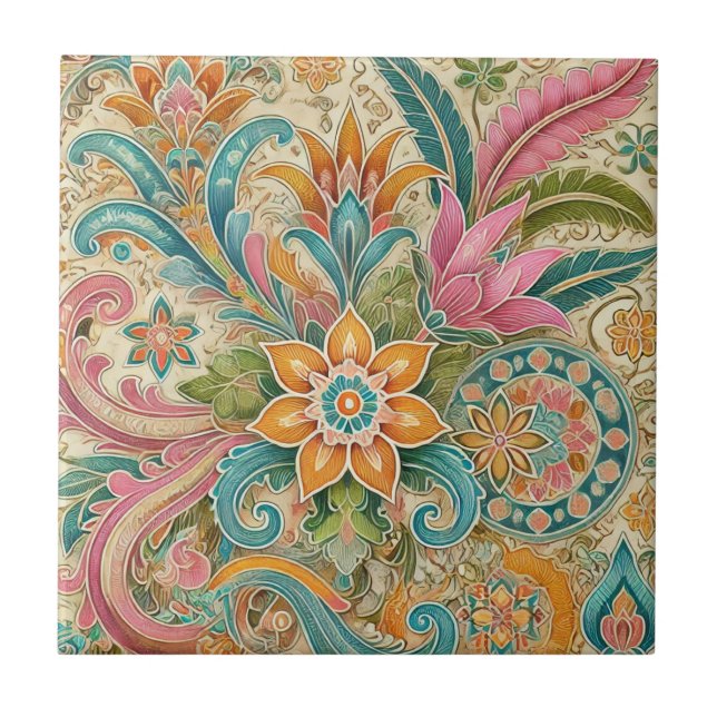 Colorful Batik Boho Botanical Watercolor  Ceramic Tile (Front)
