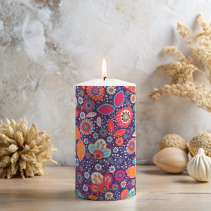 Colorful Batik Illustration Nature Floral Pattern Pillar Candle