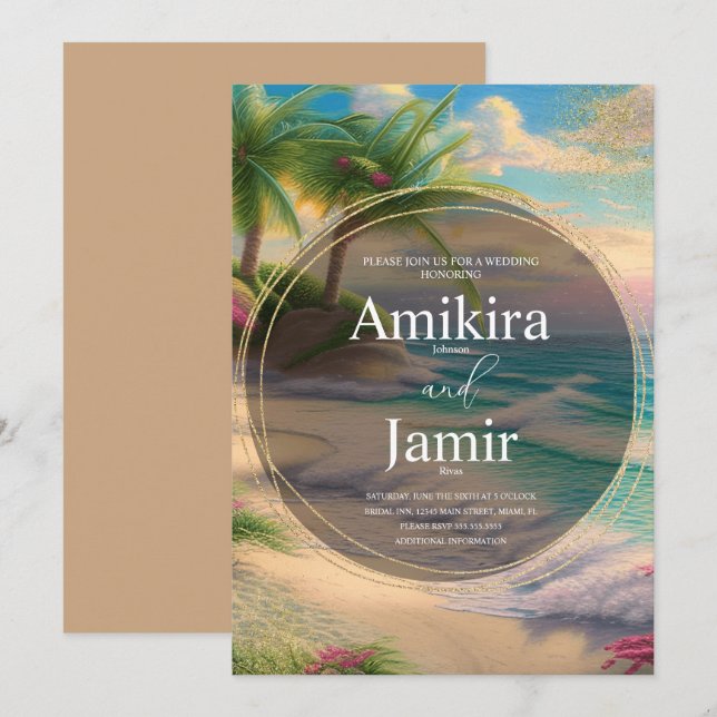 Colorful Beach Background Glitter Gold Wedding Invitation (Front/Back)