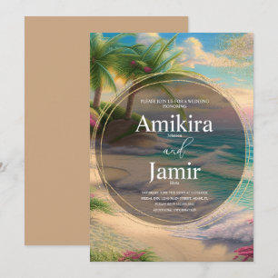 Colorful Beach Background Glitter Gold Wedding Invitation