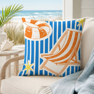 Colorful Beach Bold Orange Blue Stripes Throw Pillow