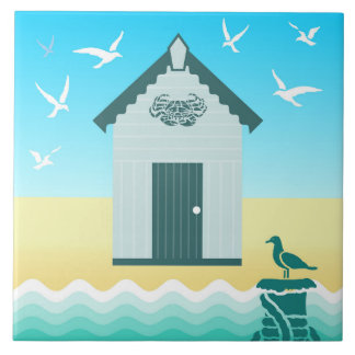 Colorful Beach Hut with Crab Motif Ceramic Tile