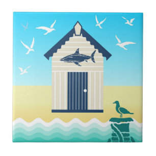 Colorful Beach Hut with Shark Motif Ceramic Tile