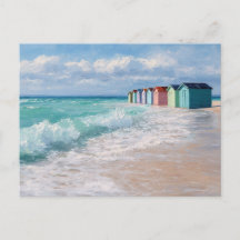Colorful Beach Huts Coastal Art Postcard