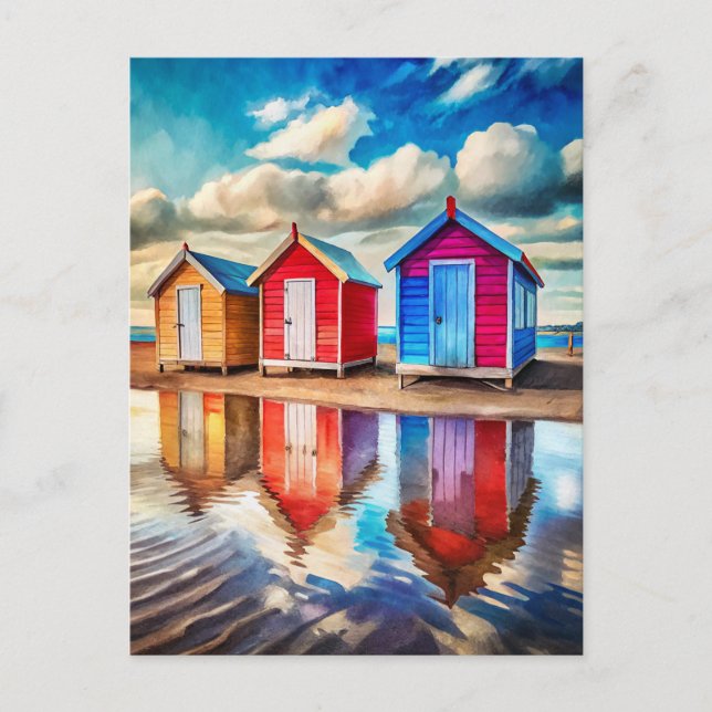 Colorful Beach Huts Ocean Reflection Coastal  Postcard (Front)