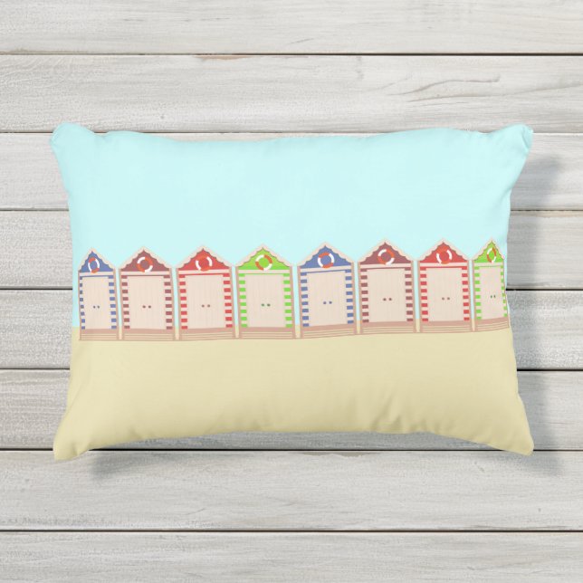 Colorful Beach Huts Summer Outdoor Pillow (Front)
