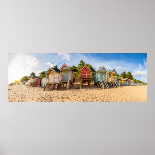 Colorful beach huts sunrise panoramic view poster
