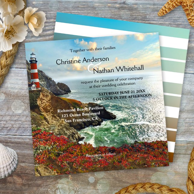 Colorful Beach Lighthouse Wedding Invitation (Wedding invitation featuring a painting of a lighthouse on a cliff at the ocean in vibrant colors)