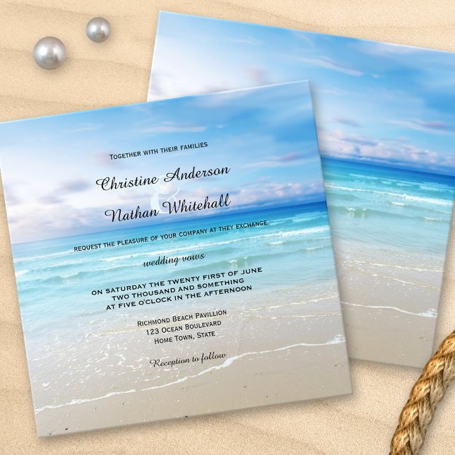 Colorful Beach or Destination Wedding Invitation (A colorful wedding invitation featuring a painting of the beach on a bright day)