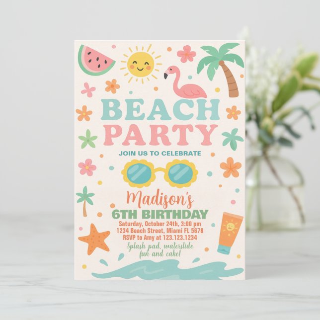 Colorful Beach Party Birthday Invitation & Decor (Standing Front)