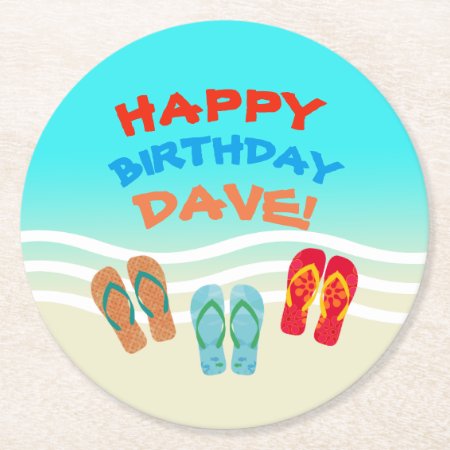 Colorful Beach Party Custom Name Round Paper Coaster