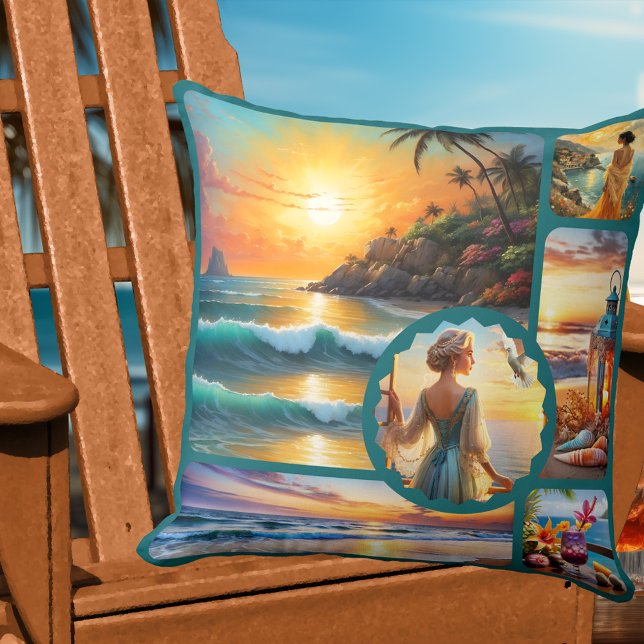 Colorful Beach Photo Collage Boho Chic  Throw Pillow (Colorful artistic beach house pillow featuring boho fun paintings or your custom photos)