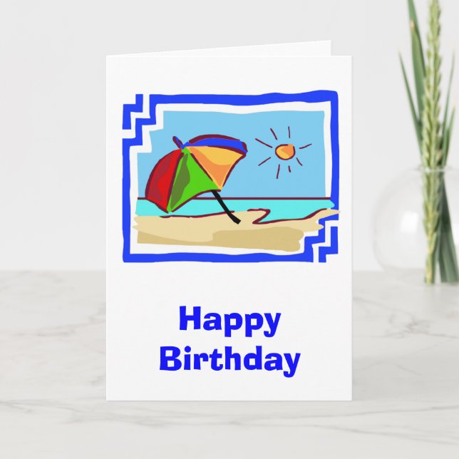 Colorful Beach Scene of Ocean, Sun & Umbrella Card (Front)