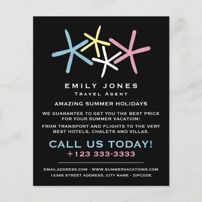 Colorful Beach Starfish, Travel Agent Advertising Flyer (Front)