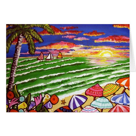 Colorful Beach Sunset Folk Art Cards (Front Horizontal)