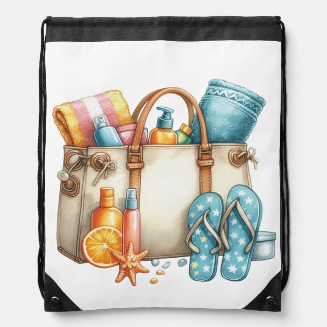 COLORFUL BEACH TOTE FILLED WITH SUMMER NECESSITIES DRAWSTRING BAG (Front)