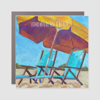 Colorful beach umbrella and 2 beach chairs  car magnet