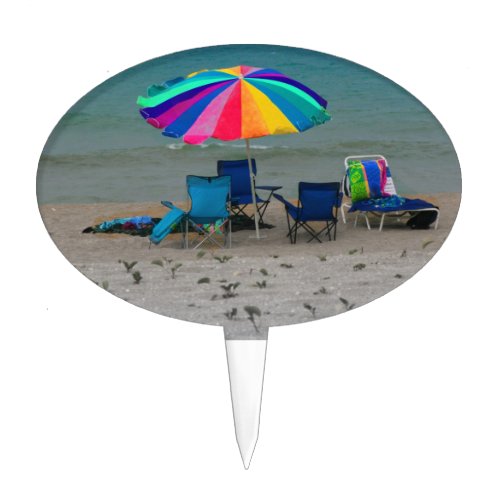 colorful beach umbrella chairs Florida scene Cake Topper