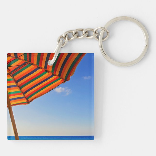 Colorful Beach Umbrella on a Sunny Day Photography Keychain (Back)