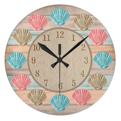 Colorful Beach Wood Nautical Seashells Large Clock