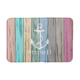 Colorful Beach Wood Nautical Stripes & Anchor Bath Mat