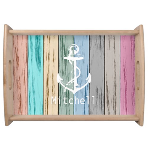 Colorful Beach Wood Nautical Stripes  Anchor Serving Tray