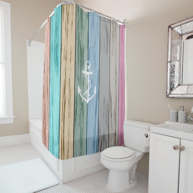 Colorful Beach Wood Nautical Stripes & Anchor Shower Curtain (In Situ)
