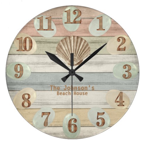 Colorful Beach Wood Nautical Stripes &amp; Seashell  L Large Clock