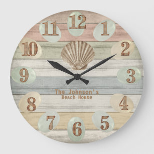 Colorful Beach Wood Nautical Stripes & Seashell  L Large Clock