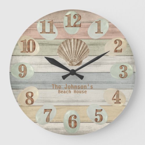 Colorful Beach Wood Nautical Stripes  Seashell  L Large Clock