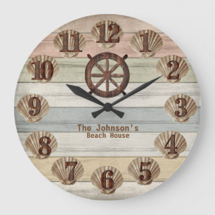 Colorful Beach Wood & Nautical Stripes & Seashell  Large Clock