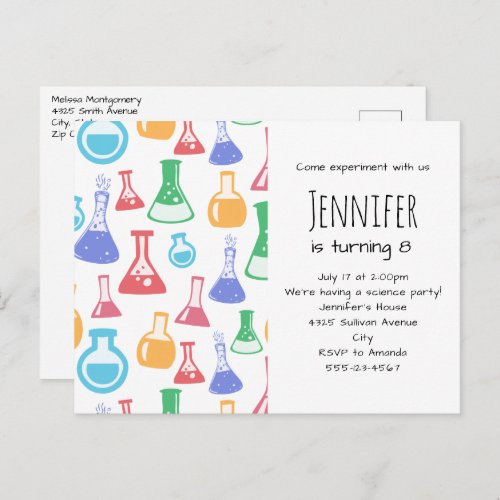 Colorful Beakers and Flasks Science Pattern Invitation Postcard