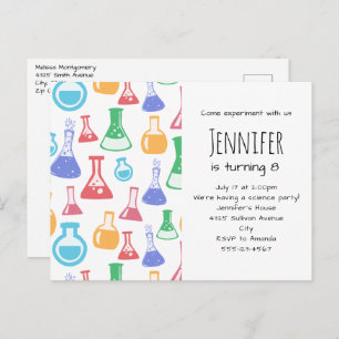 Colorful Beakers and Flasks Science Pattern Invitation Postcard