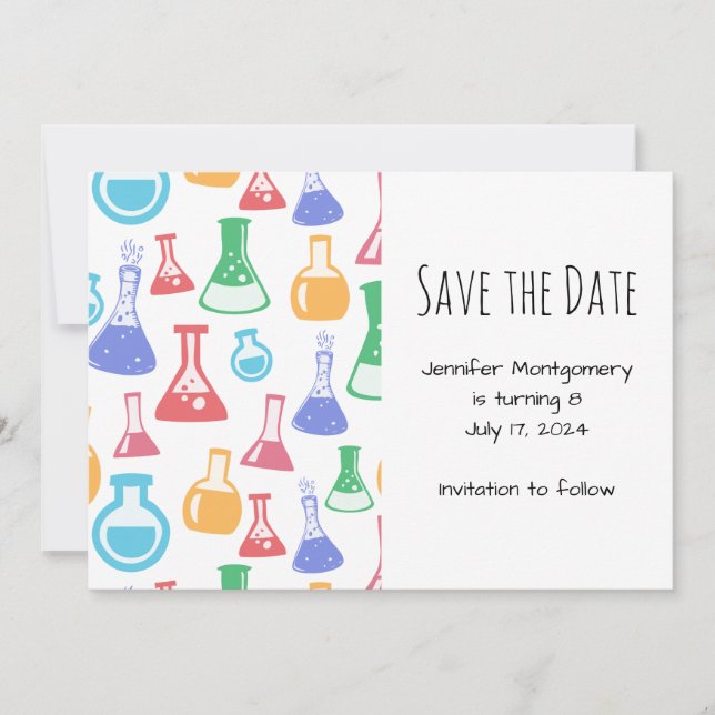 Colorful Beakers and Flasks Science Pattern Save The Date (Front)