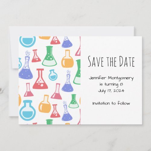 Colorful Beakers and Flasks Science Pattern Save The Date