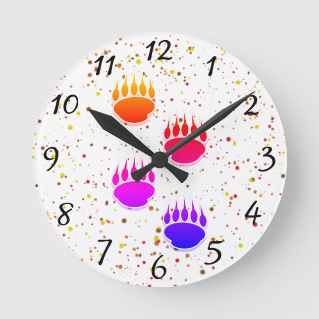 Colorful Bear Paw Prints Round Clock (Front)